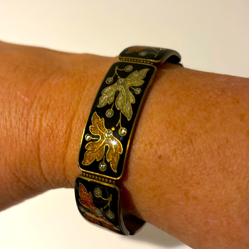 Enamel Bracelet with Leaf Design and Encrusted Pave Diamonds.